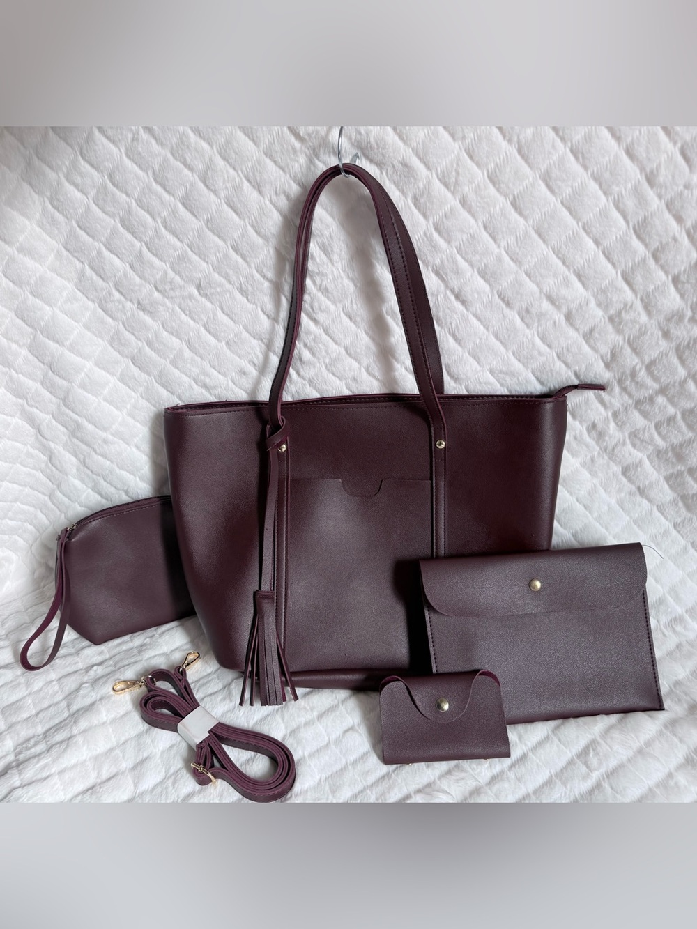 Women's Burgundy Fall Tote Bag Set with Pouches and accessories NWOT PU Leather